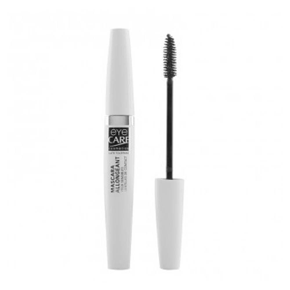 Tube de mascara blanc avec brosse. Texte: EYE CARE, Mascara Allongeant, lentilles de contact.