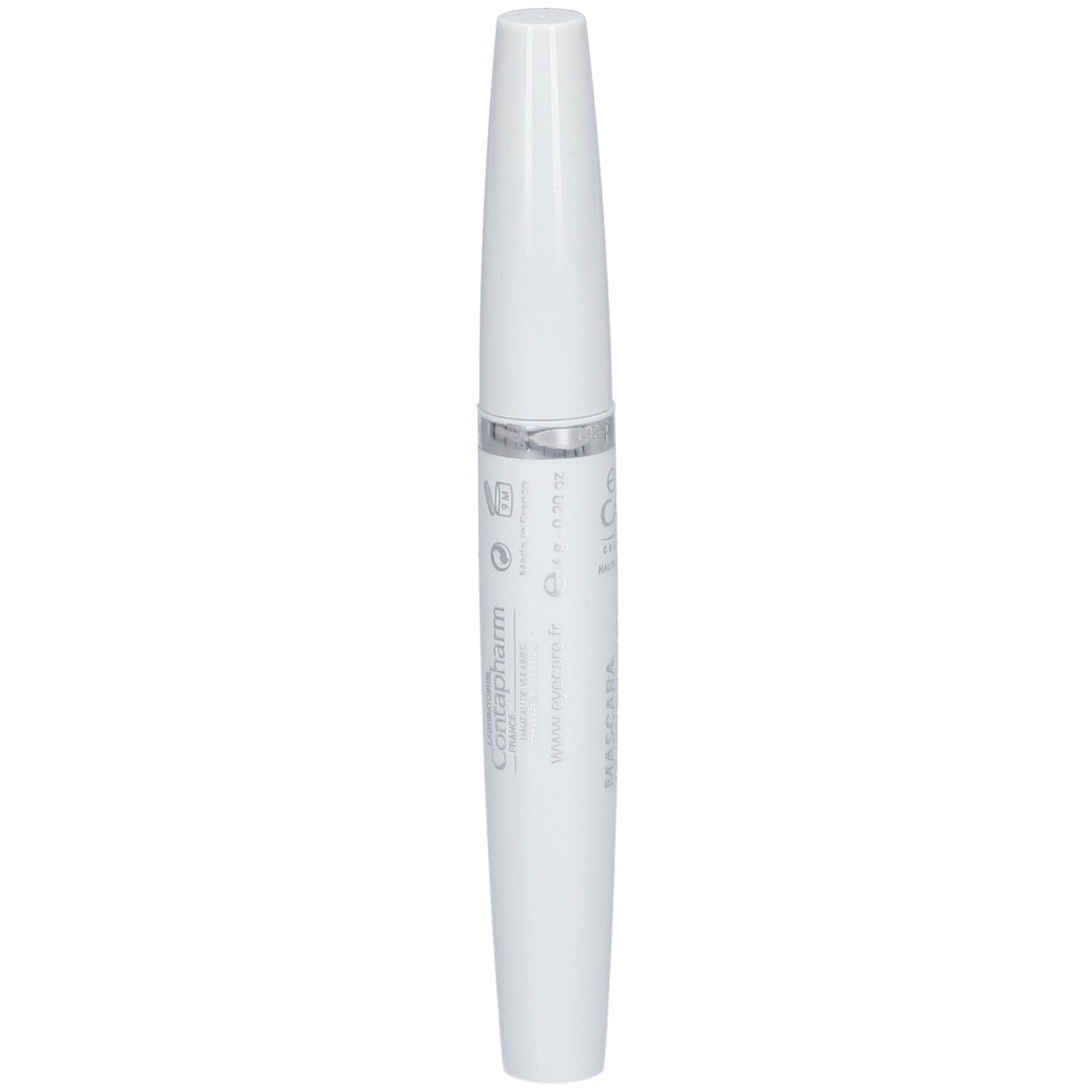 Weiße Mascarahülse mit silbernem Ring. Text: Costapharm, Mascara, Bleu Marine. Für Kontaktlinsenträger.