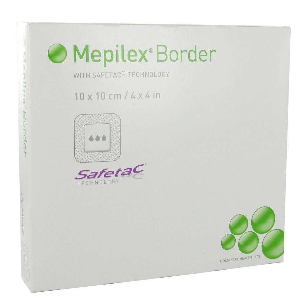 Emballage de Mepilex Border. Inscription : 10 x 10 cm, technologie Safetac. Couleurs vert et blanc.