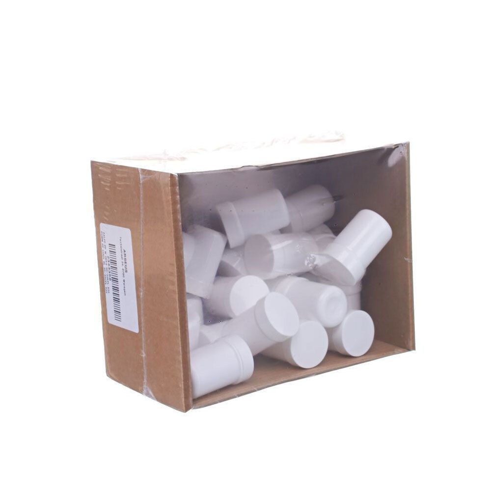 Boîte en carton ouverte contenant des récipients cylindriques blancs.