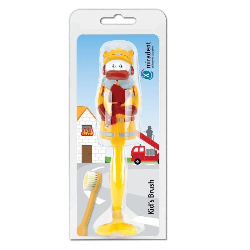 Brosse à dents enfant, emballage blister. Manche jaune, figurine pompier. Logo "miradent". Inscription "Kid's Brush".