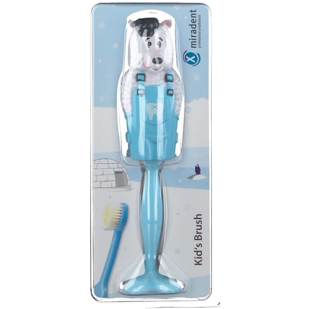 Zahnbürste mit blauem Griff und Bärenkopf-Design in Blisterverpackung. Aufgedruckter Schriftzug: Kid's Brush.