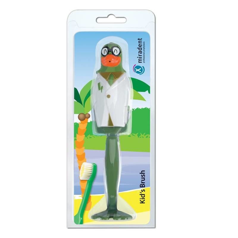 Zahnbürste mit grünem Griff und Papagei-Figur in Verpackung. Marke miradent. Aufgedruckt: Kid's Brush.