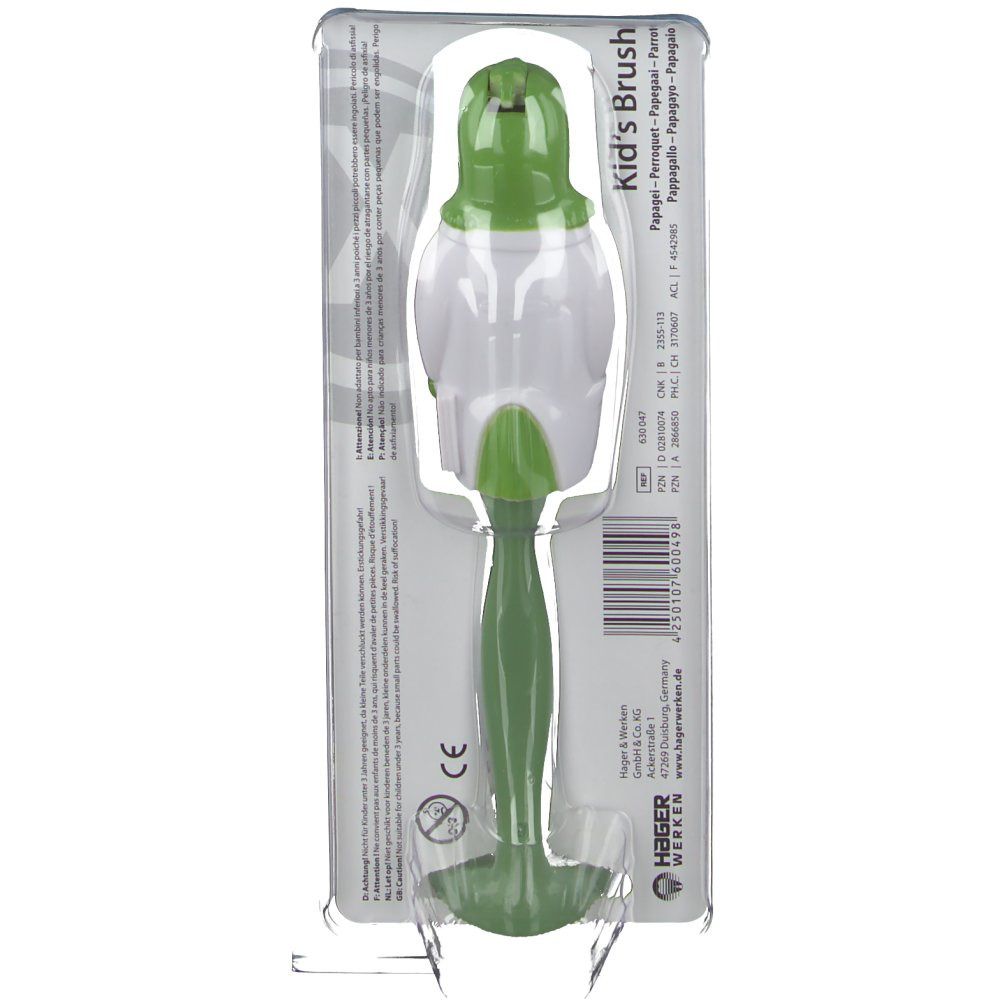 Zahnbürste mit grünem Griff und Papagei-Figur in Blisterverpackung. Aufgedruckt: Kid's Brush.
