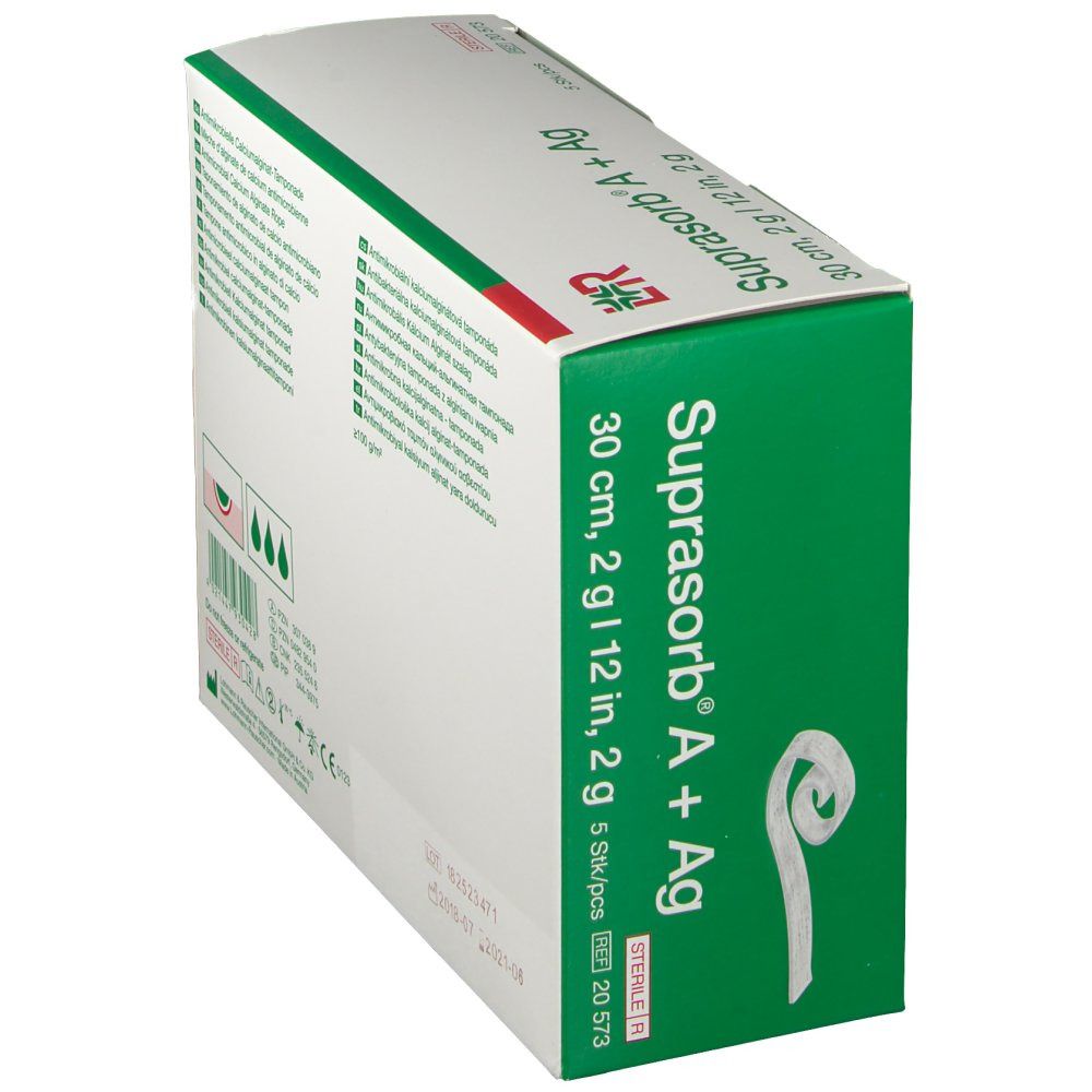 Boîte de Suprasorb A+Ag Mèche en biais. Contient 5 pièces. Tampon antimicrobien d'alginate de calcium. 30 cm, 2 g/12 po, 2 g.