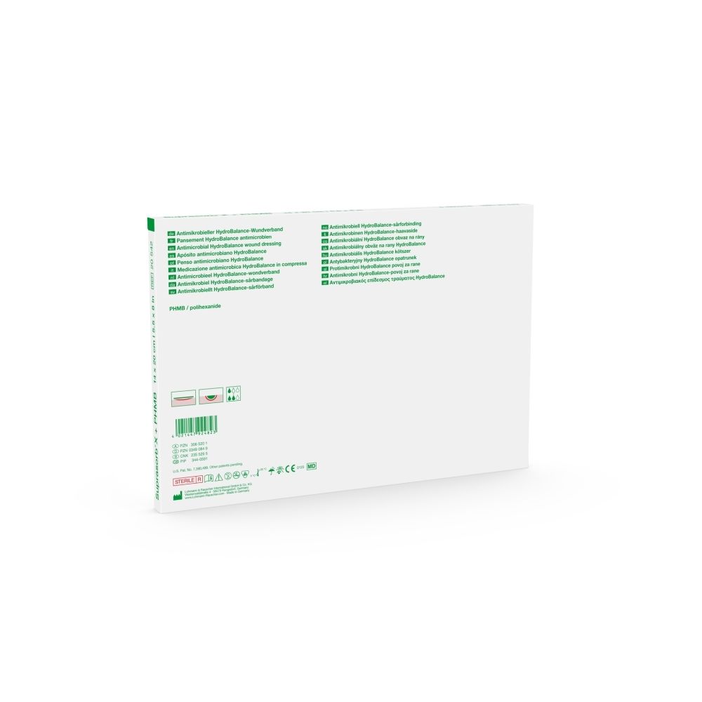Rückseite der Verpackung für Suprasorb X HydroBalance Wundauflage mit Produktinformationen und Zertifizierungen.