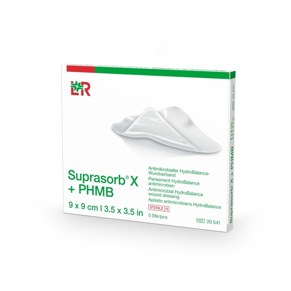 Verpackung für Suprasorb X + PHMB Wundverband, 9x9 cm, 5 Stück.