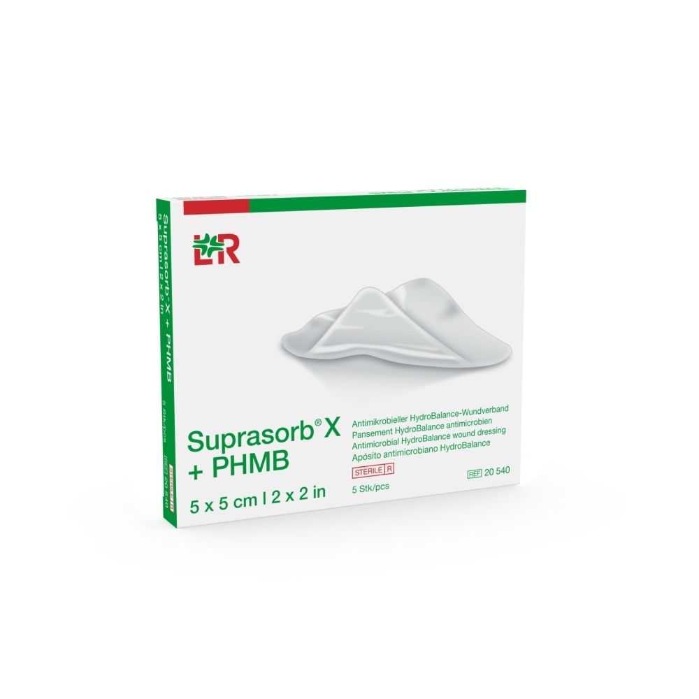 Verpackung für Suprasorb X + PHMB Wundauflagen, 5x5cm.