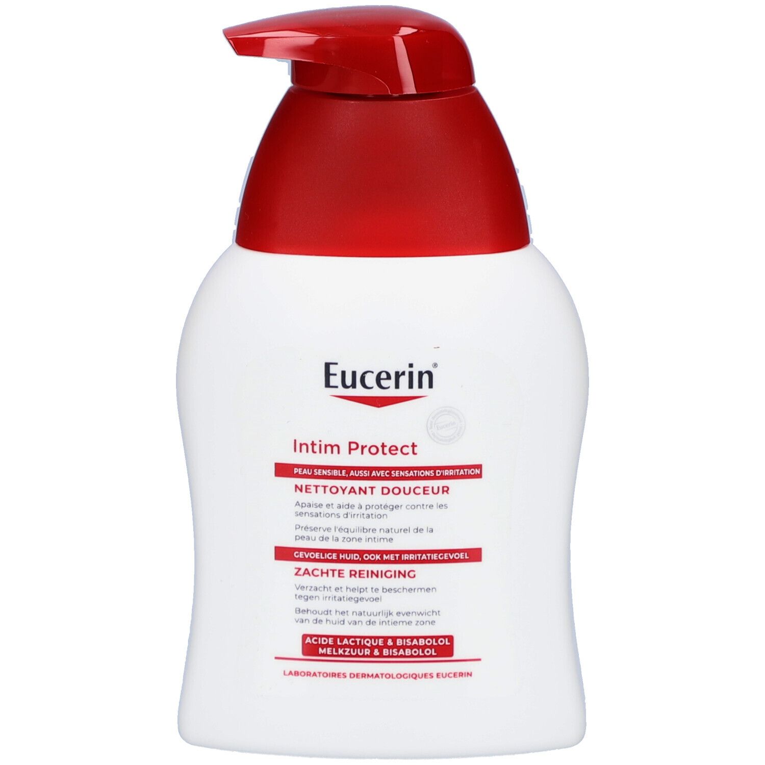 Weißer Spender mit rotem Pumpkopf. Eucerin Intim Protect, Text. Flasche mit Inhaltsangaben.