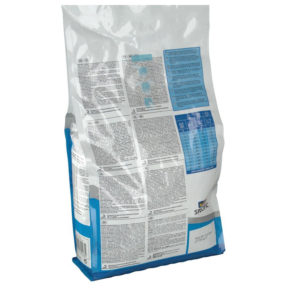 Rückseite eines Beutels. Text in verschiedenen Sprachen. Blaue und weiße Verpackung. Enthält Informationen zum Produkt.