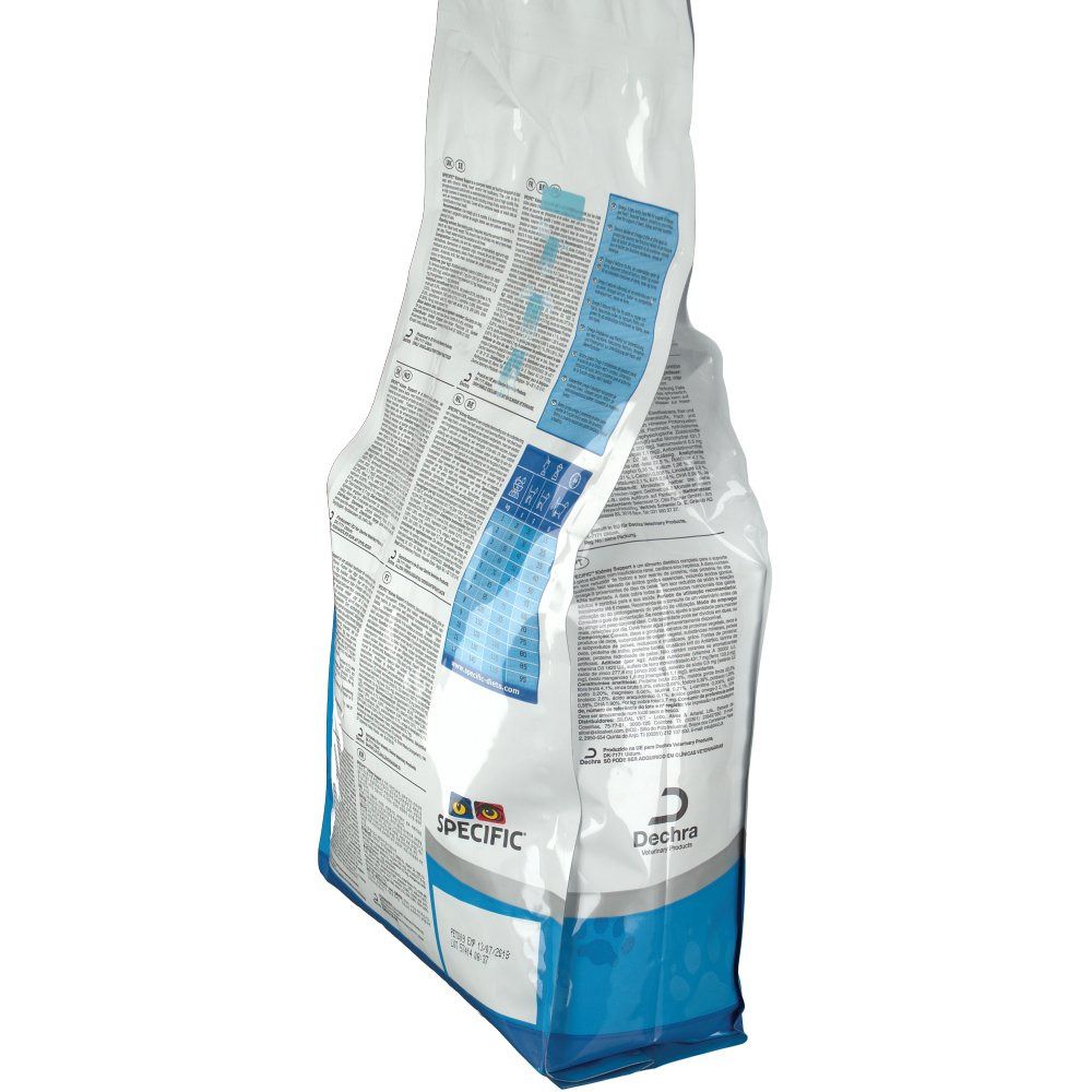 Beutel mit Produktaufdruck. "SPECIFIC Kidney Support" und Logos. Blaue und weiße Verpackung. Seitliche Ansicht.