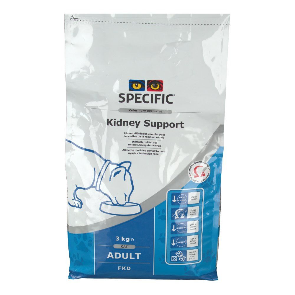 Beutel mit Produktaufdruck. "SPECIFIC Kidney Support Adult" und Logos. Enthält eine Abbildung einer Katze. 3 kg.
