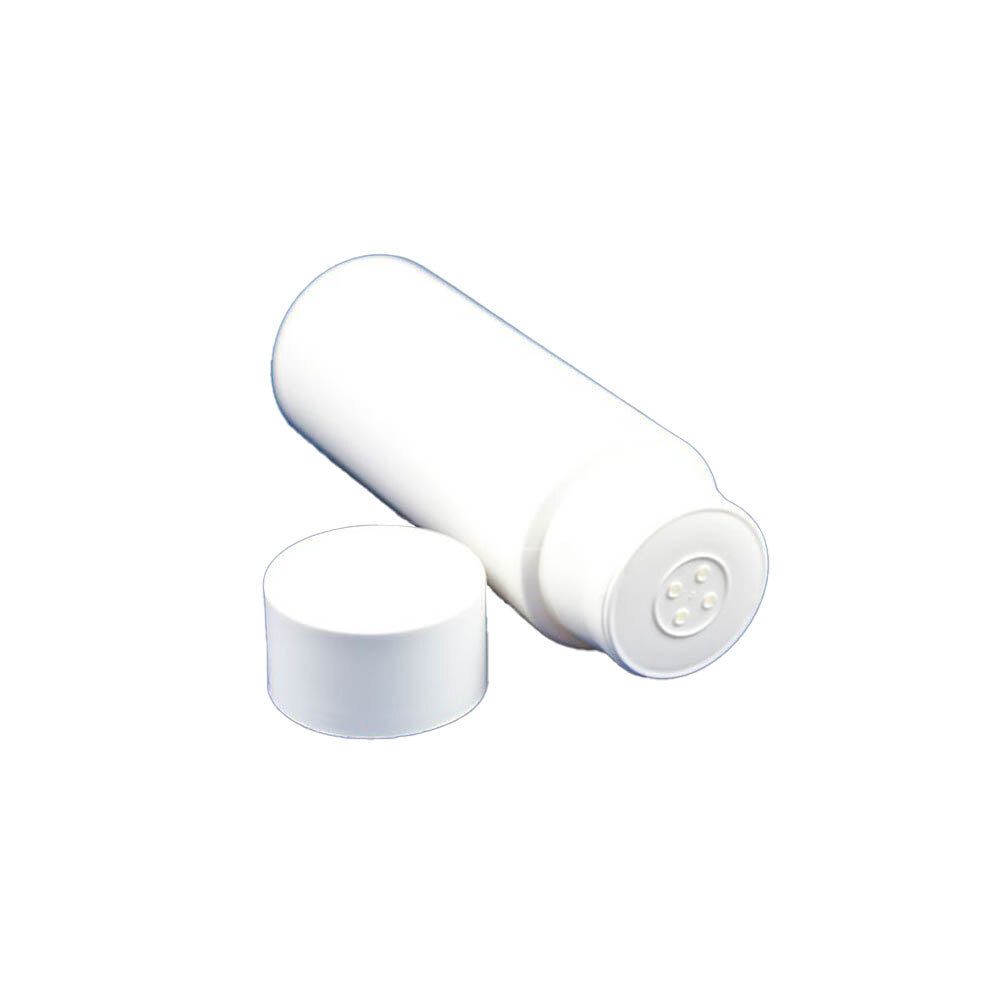 Flacon blanc avec bouchon retiré. Flacon cylindrique, bouchon rond.