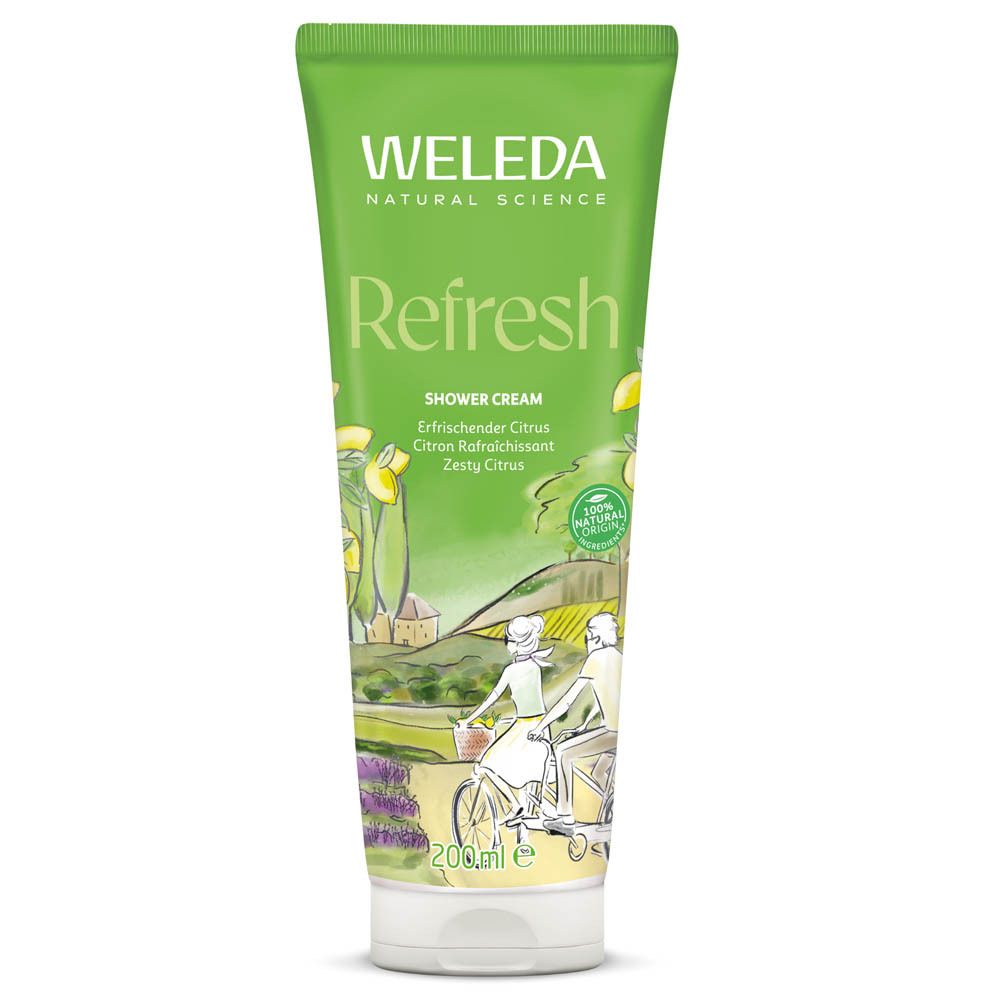 Grüne Tube mit weißem Deckel. Aufschrift: WELEDA, Refresh, Shower Cream. Abbildung von Landschaft mit Personen auf Fahrrädern.