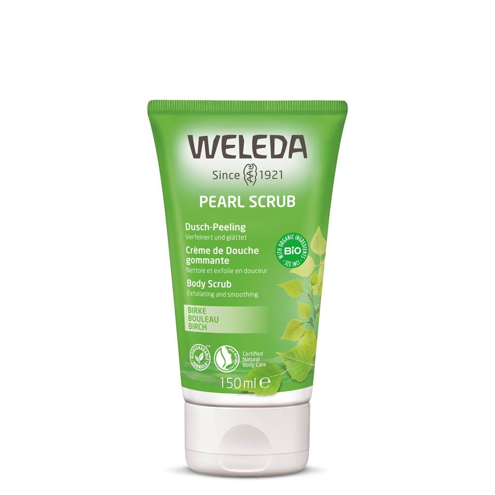 Tube vert avec bouchon blanc. Inscription: WELEDA, PEARL SCRUB, Crème de Douche gommante, Body Scrub. Label bio. 150ml.