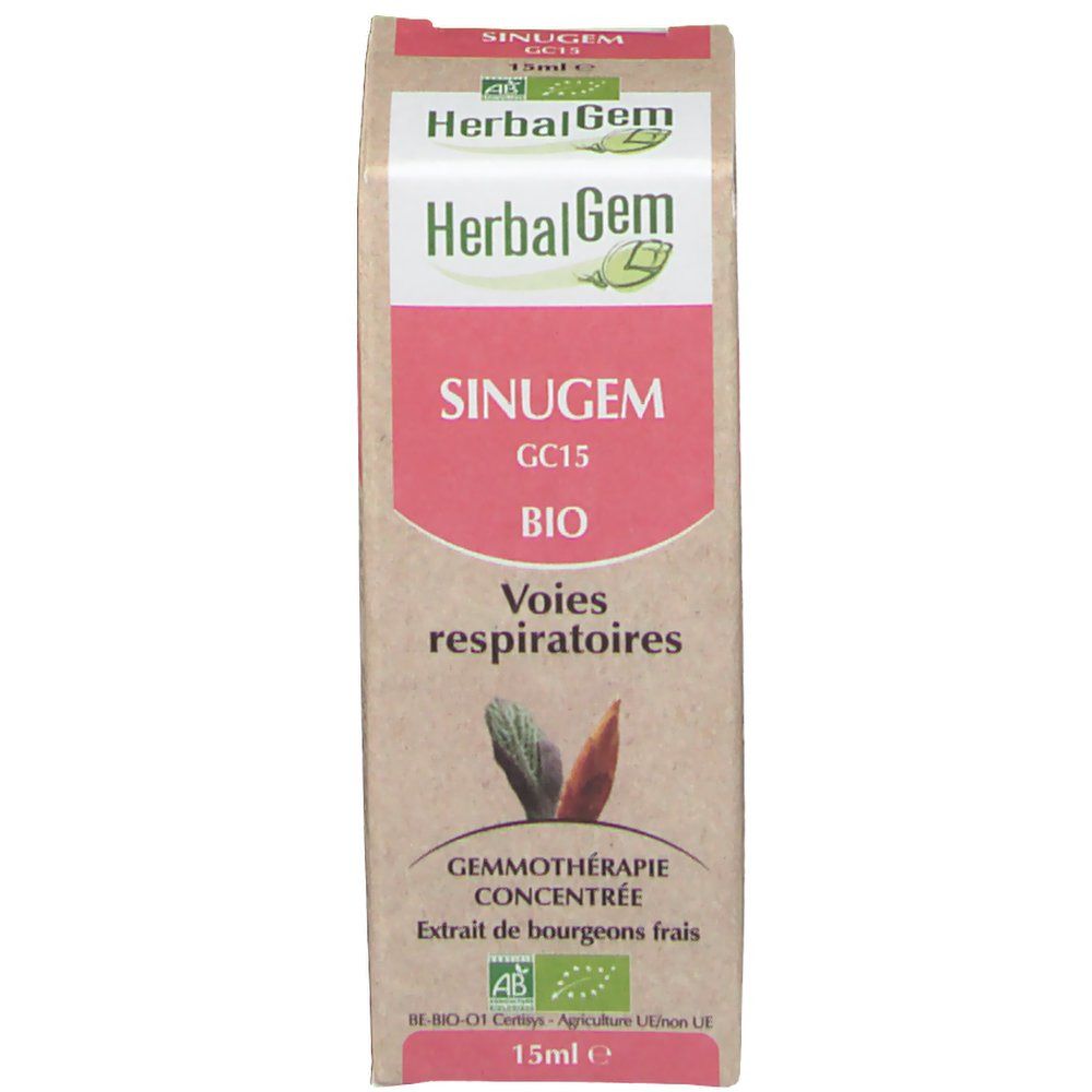 Kartonverpackung mit Produktinformationen. Oben steht "HerbalGem". Aufschrift "SINUGEM GC15 BIO Voies respiratoires".