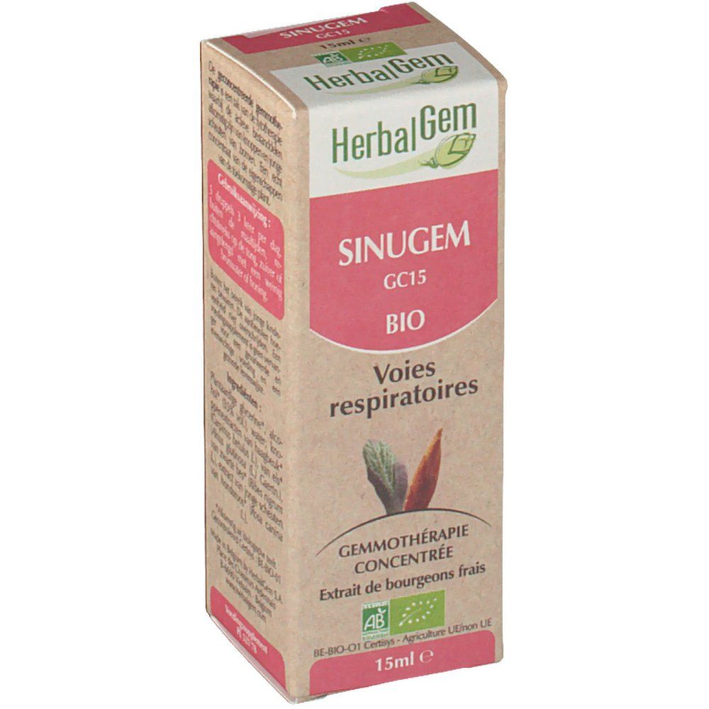 Kartonverpackung, leicht schräg. "HerbalGem" und "SINUGEM GC15 BIO Voies respiratoires" sind sichtbar. 15ml-Angabe.