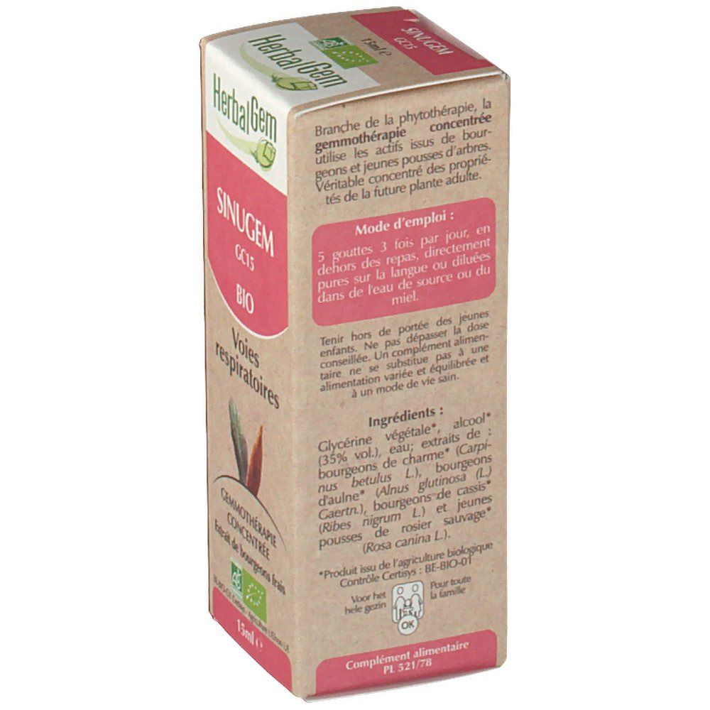 Kartonverpackung, Seitenansicht mit Text. "HerbalGem" und "SINUGEM GC15 BIO Voies respiratoires" sind sichtbar. Text über Inhaltsstoffe.