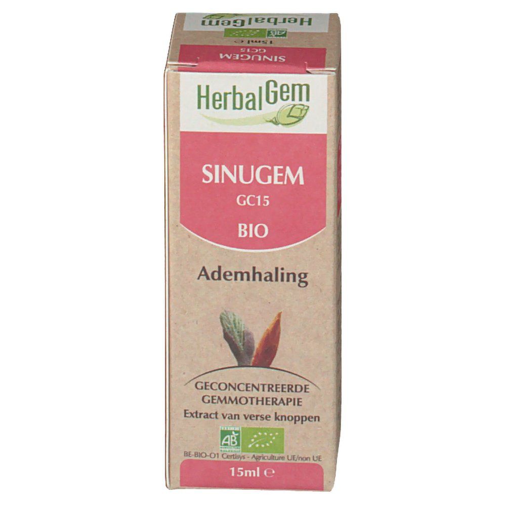Kartonverpackung mit Produktinformationen. "HerbalGem" und "SINUGEM GC15 BIO Ademhaling" sind sichtbar. 15ml-Angabe.