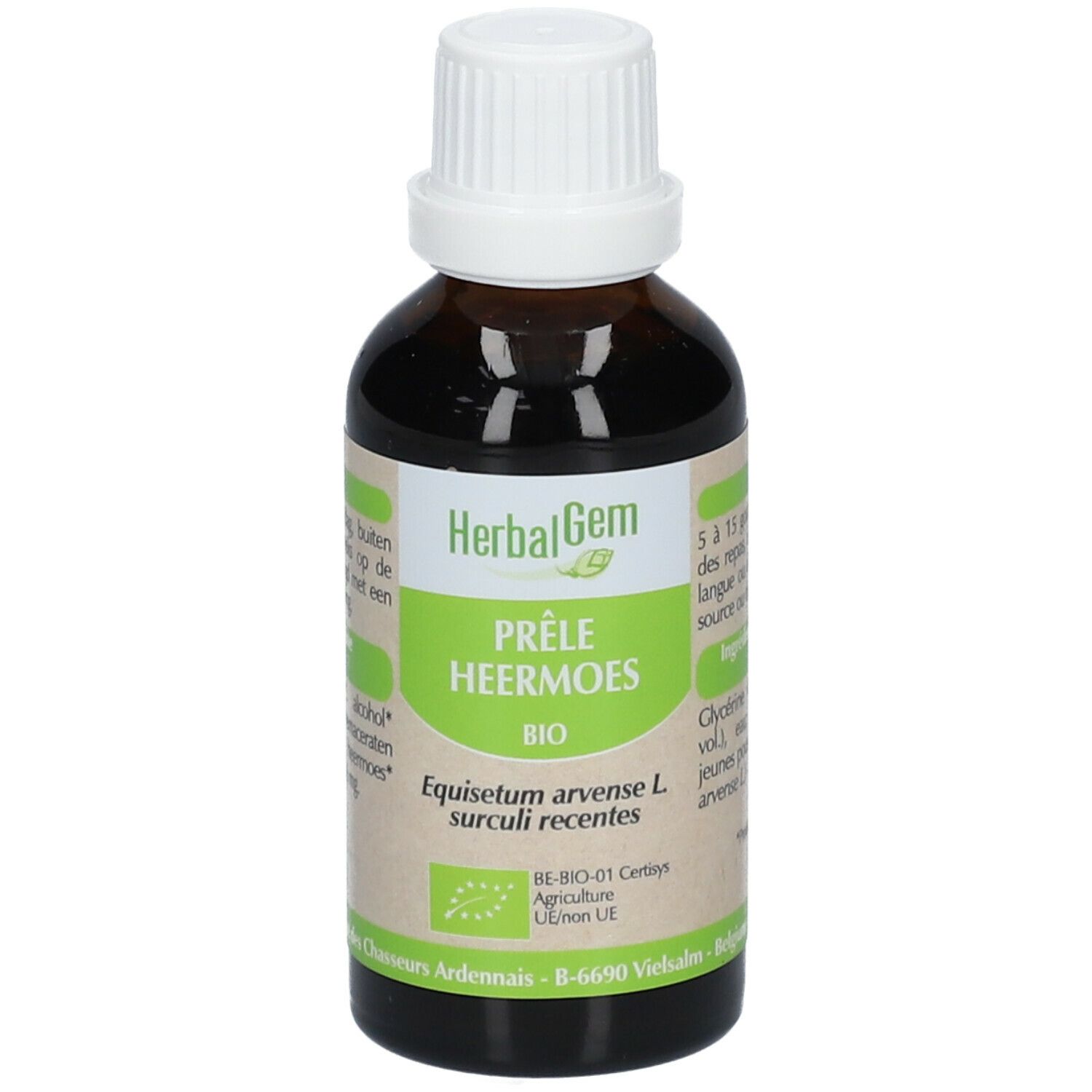 Braune Glasflasche mit weißem Deckel. Etikett mit HerbalGem, Prêle Heermoes Bio, und Bio-Zertifizierung.
