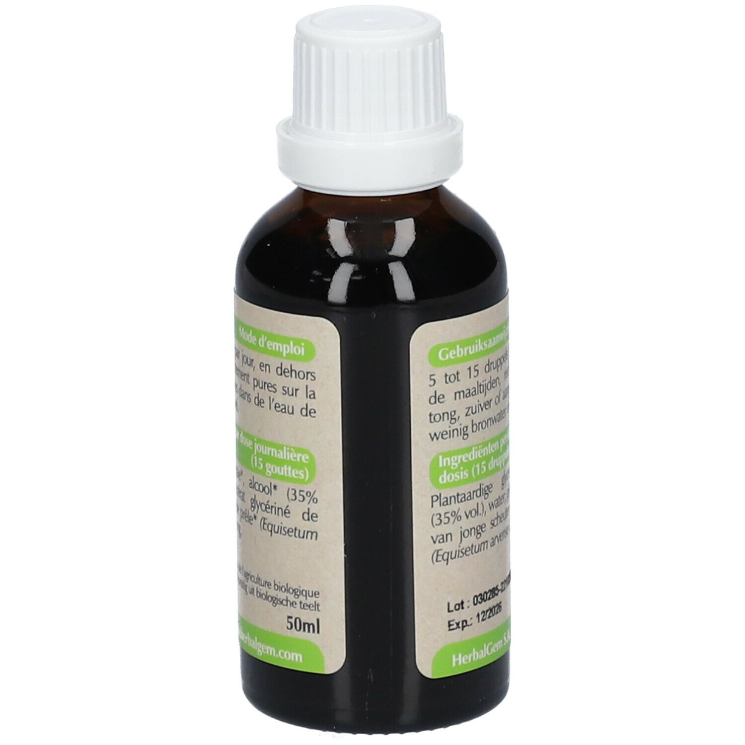 Braune Glasflasche mit weißem Deckel. Etikett mit Informationen zur Anwendung und Inhaltsstoffen, 50ml.
