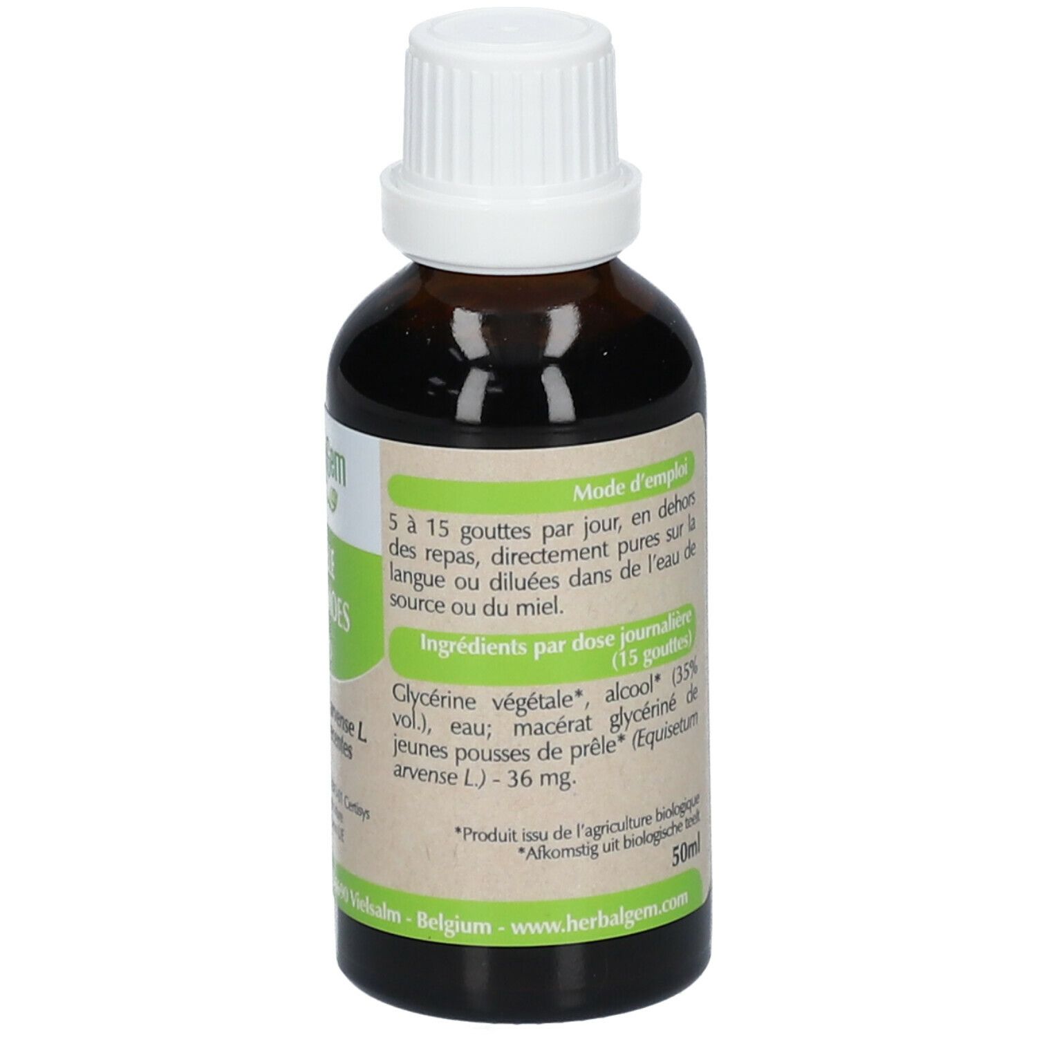 Braune Glasflasche mit weißem Deckel. Etikett mit Informationen zur Anwendung und Inhaltsstoffen, 50ml.