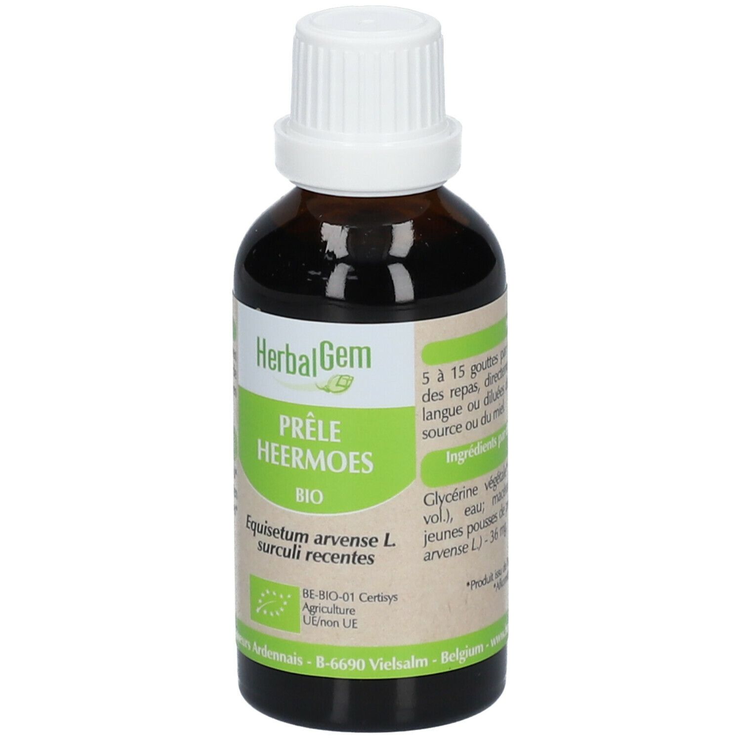 Braune Glasflasche mit weißem Deckel. Etikett mit HerbalGem, Prêle Heermoes Bio, und Bio-Zertifizierung.