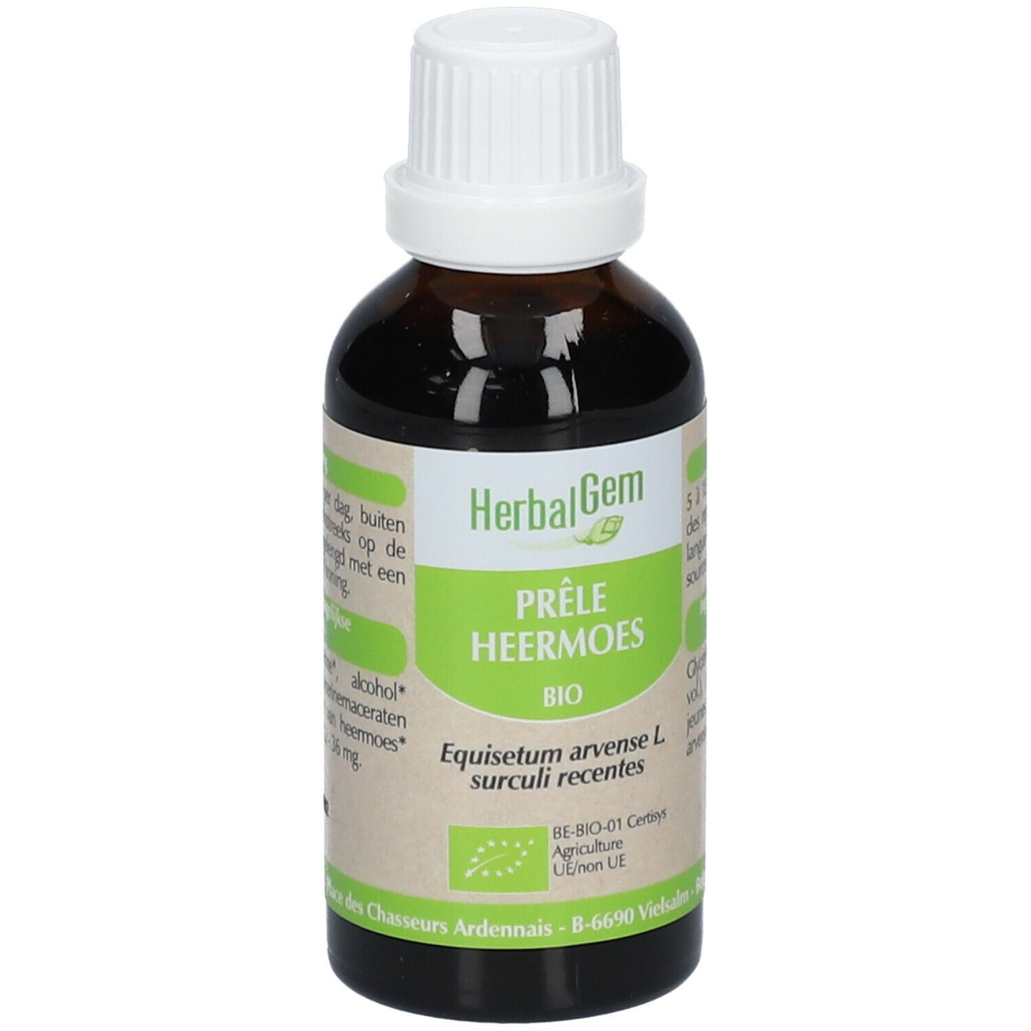 Braune Glasflasche mit weißem Deckel. Etikett mit HerbalGem, Prêle Heermoes Bio, und Bio-Zertifizierung.