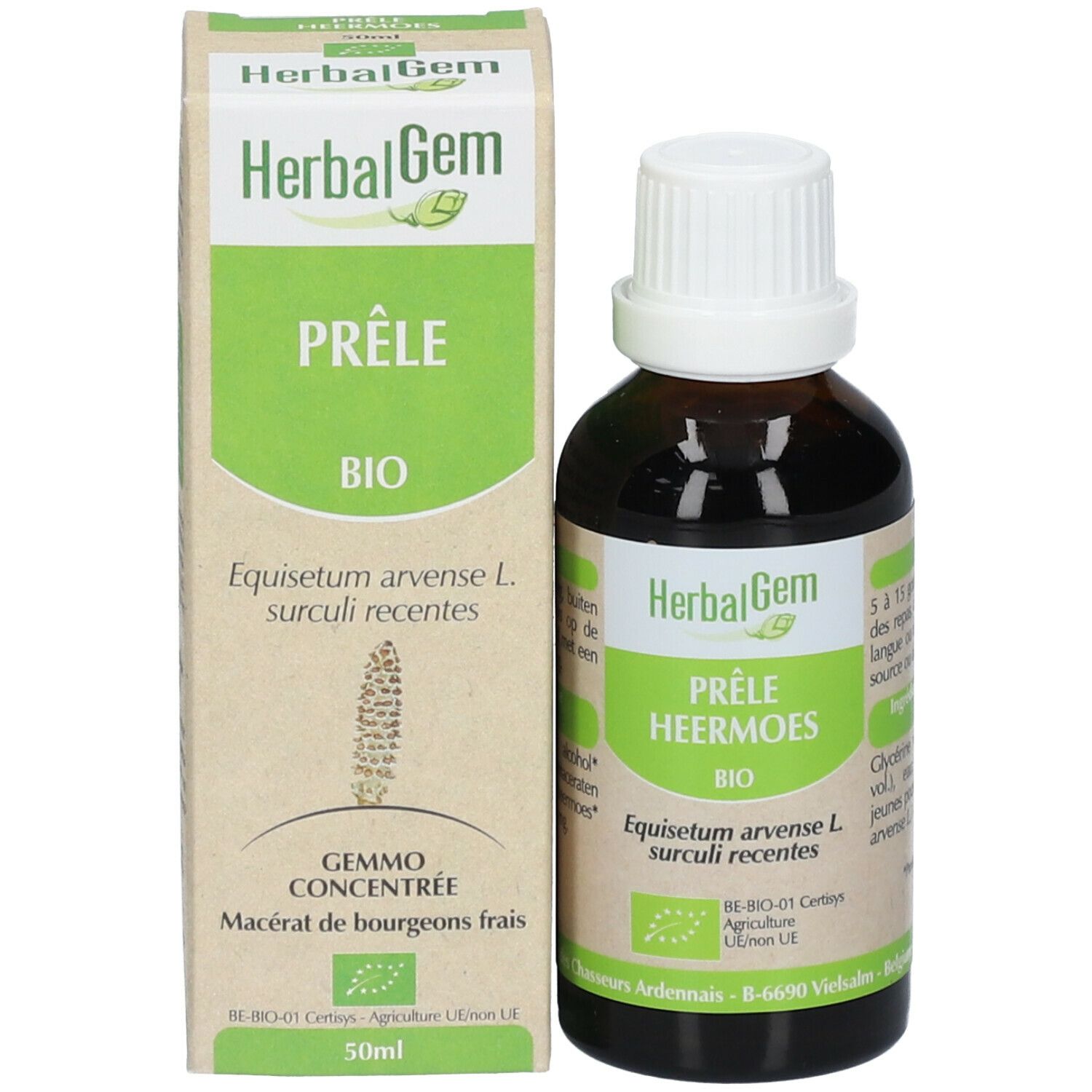 Braune Glasflasche und Kartonverpackung. Auf der Verpackung: HerbalGem, Prêle Bio, 50ml, und Bio-Zertifizierung.