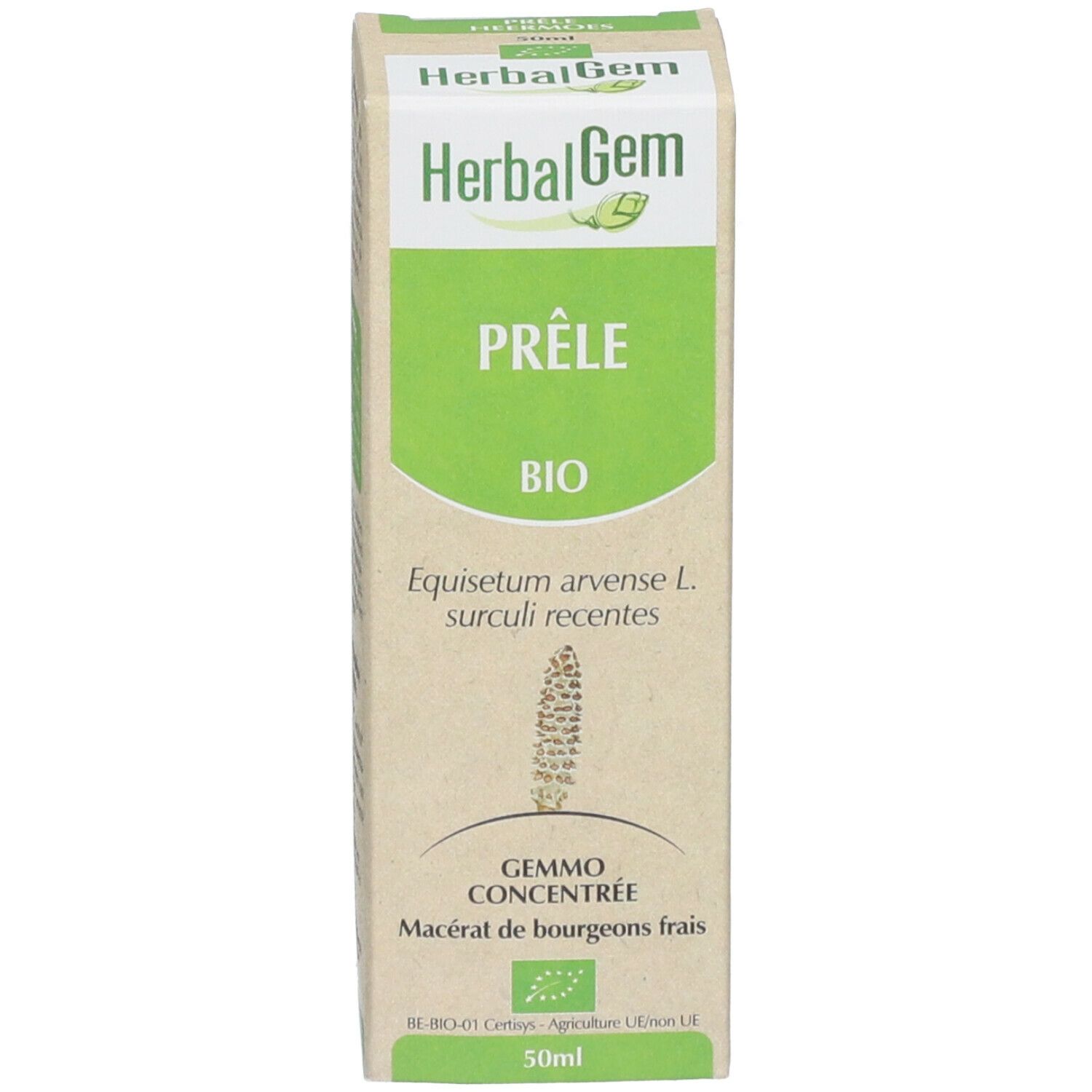 Kartonverpackung mit HerbalGem, Prêle Bio, 50ml, und Bio-Zertifizierung. Gemmo Concentré.
