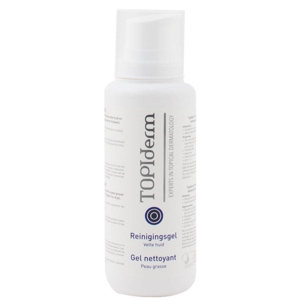 Weiße Flasche mit Pumpverschluss. Aufschrift TOPIderm, Reinigungsgel für fettige Haut. Experten in Topical Dermatology.