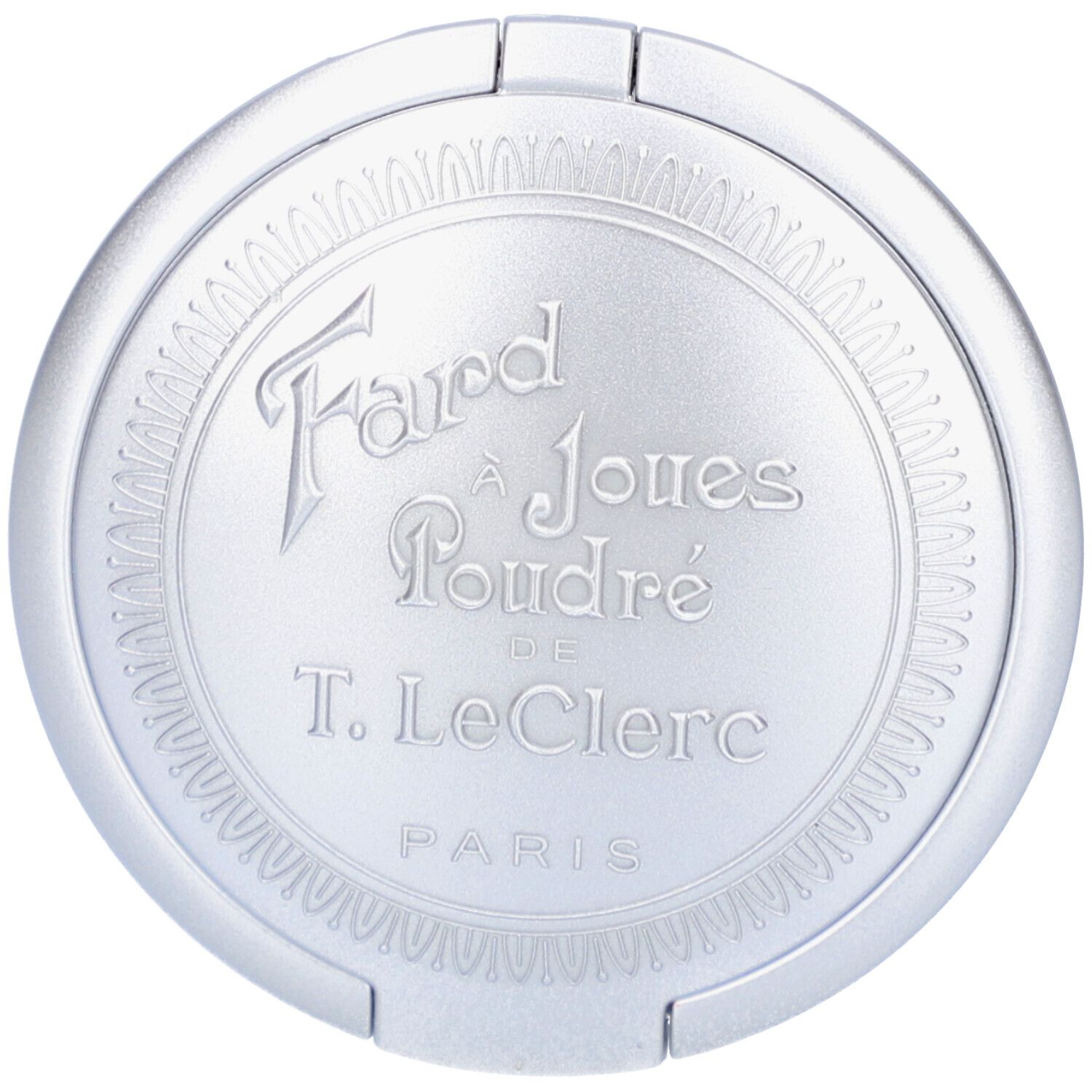 Runder, silberfarbener Kompaktpuder mit geprägtem Schriftzug: Fard à Joues Poudré de T. LeClerc Paris.