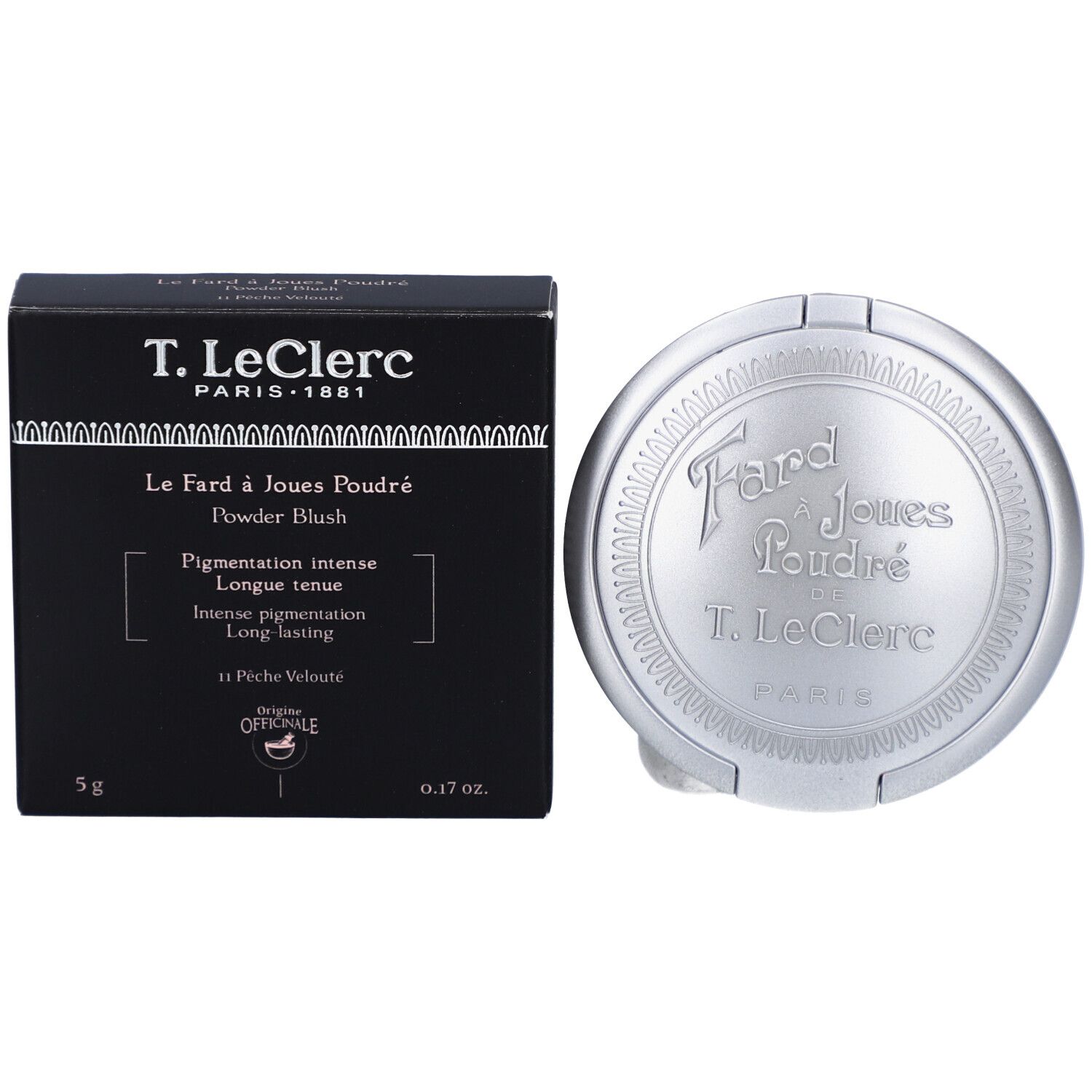 Schwarze Verpackung und silberfarbener Kompaktpuder. Auf der Verpackung: T. LeClerc, Le Fard à Joues Poudré, 5g, 0.17 oz.