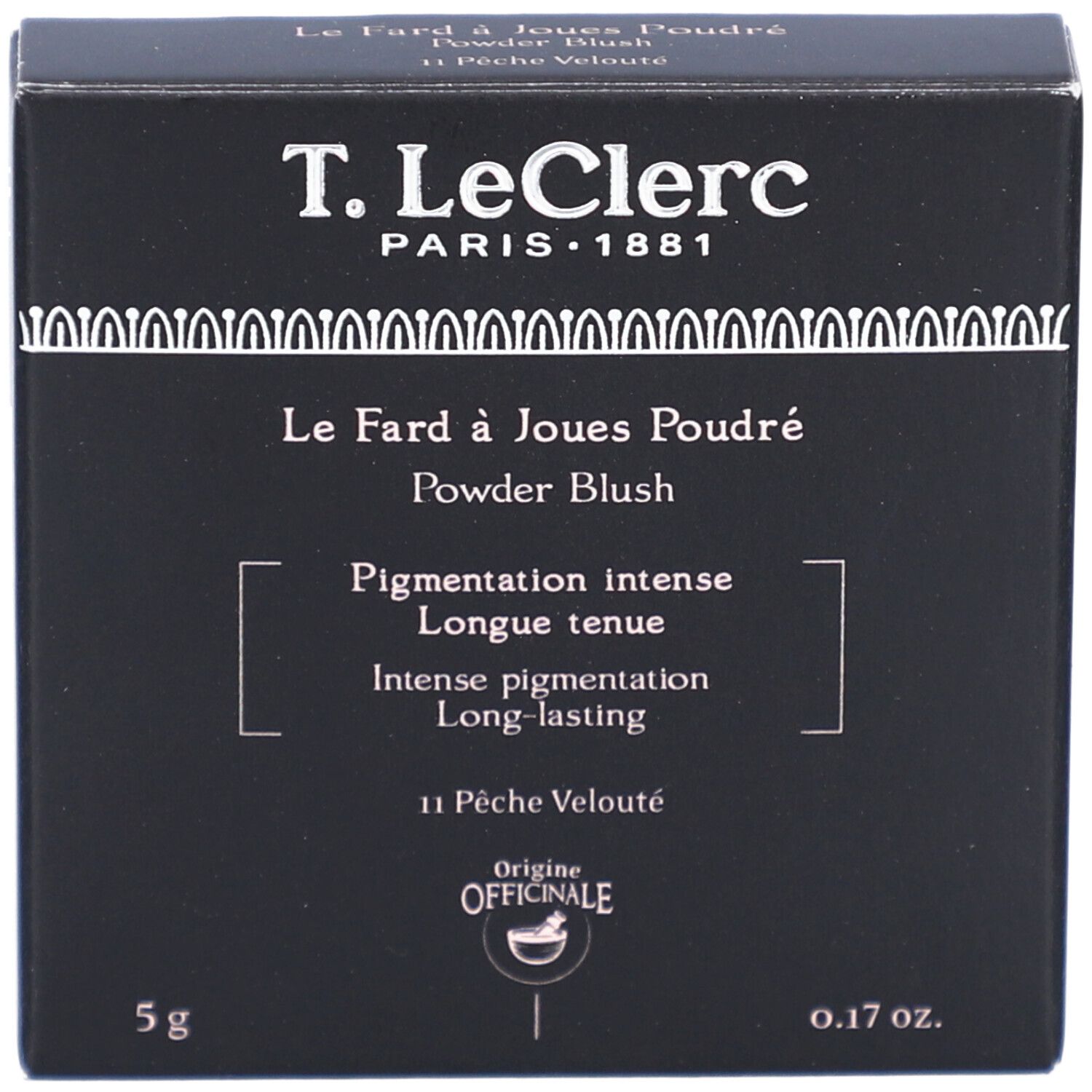 Schwarze Verpackung mit weißer Schrift: T. LeClerc, Le Fard à Joues Poudré, Powder Blush, 11 Pêche Velouté, 5g, 0.17 oz.