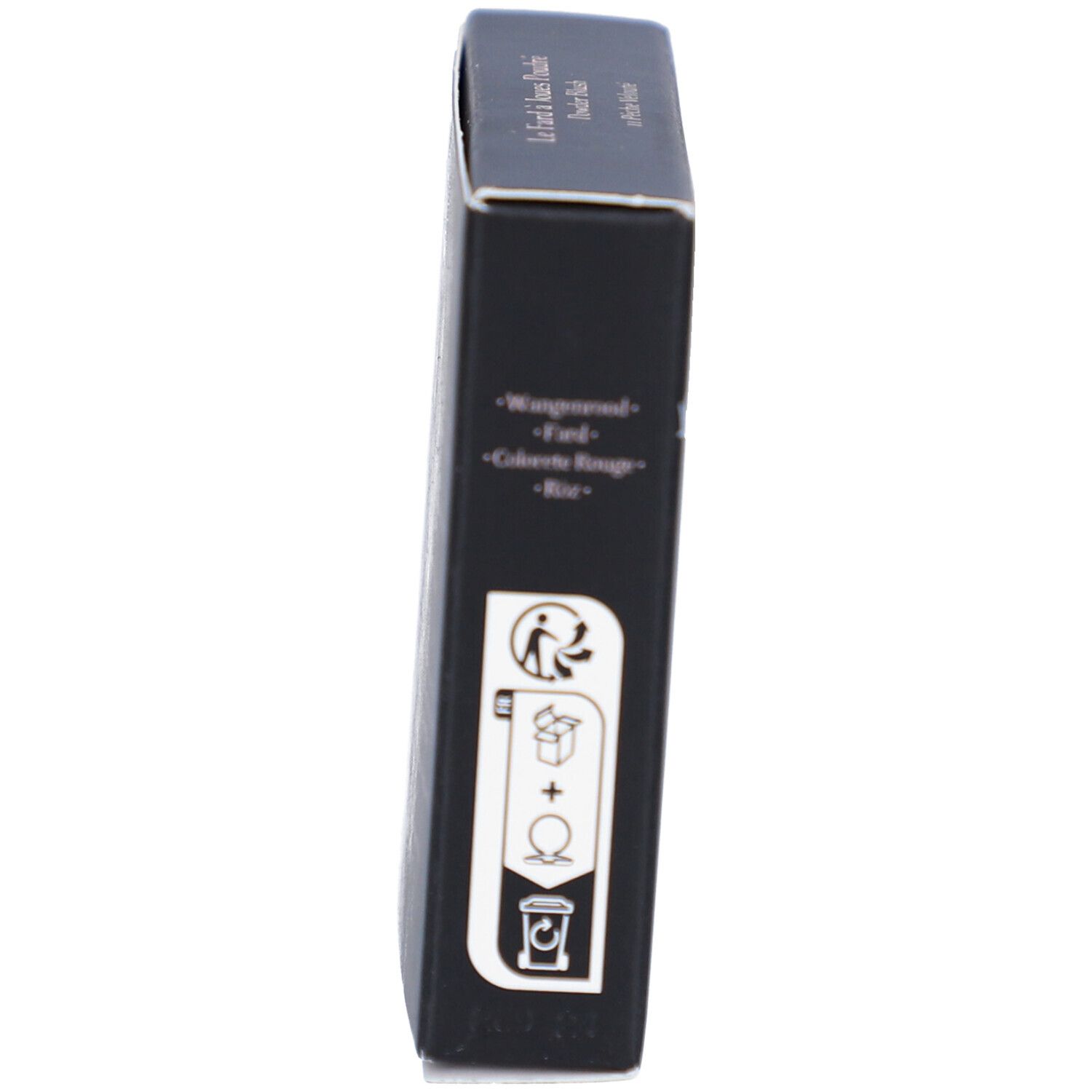 Schwarze Verpackung, Seitenansicht. Text: Wangenpuder, Farbe Rouge, Entsorgungshinweise.