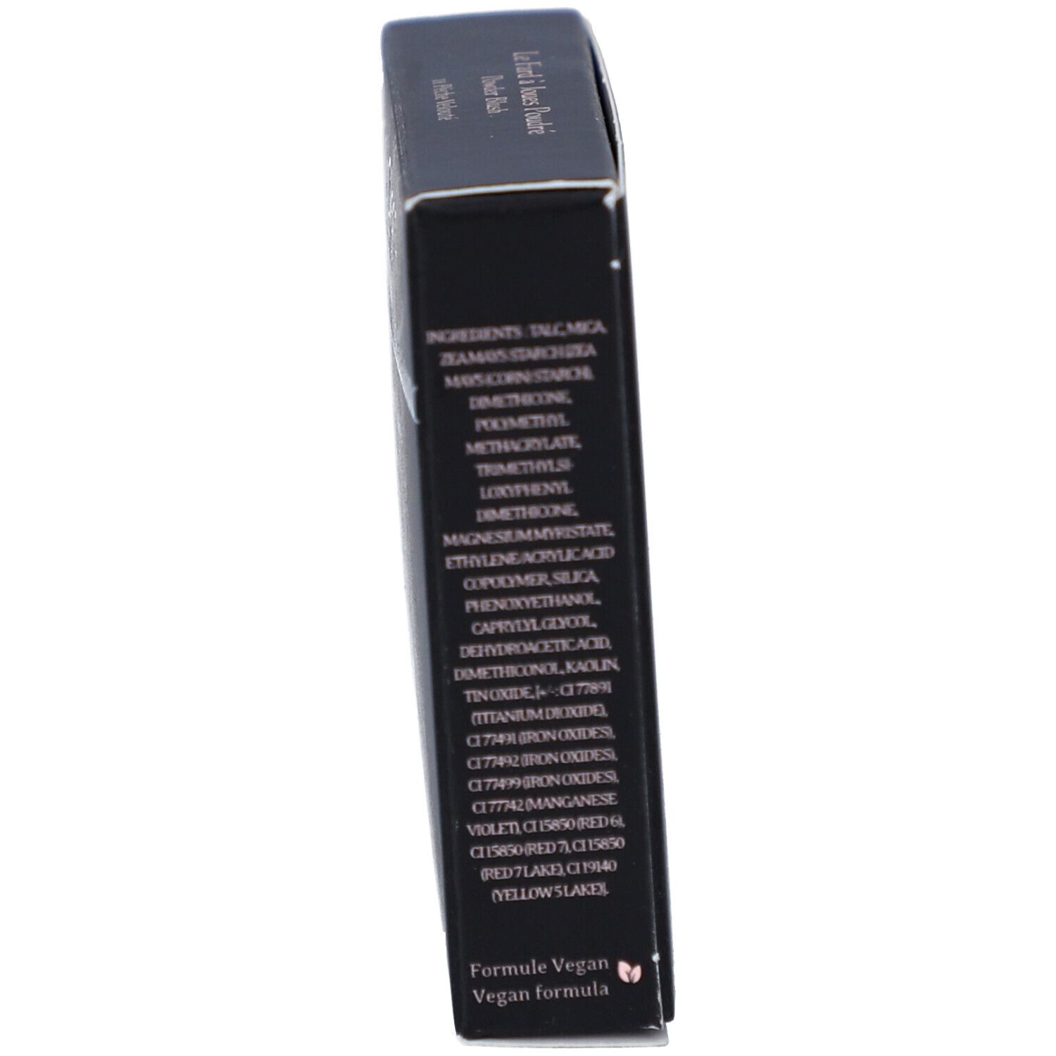Seite der schwarzen Verpackung. Text: Inhaltsstoffe, Formule Vegan, Vegan formula.