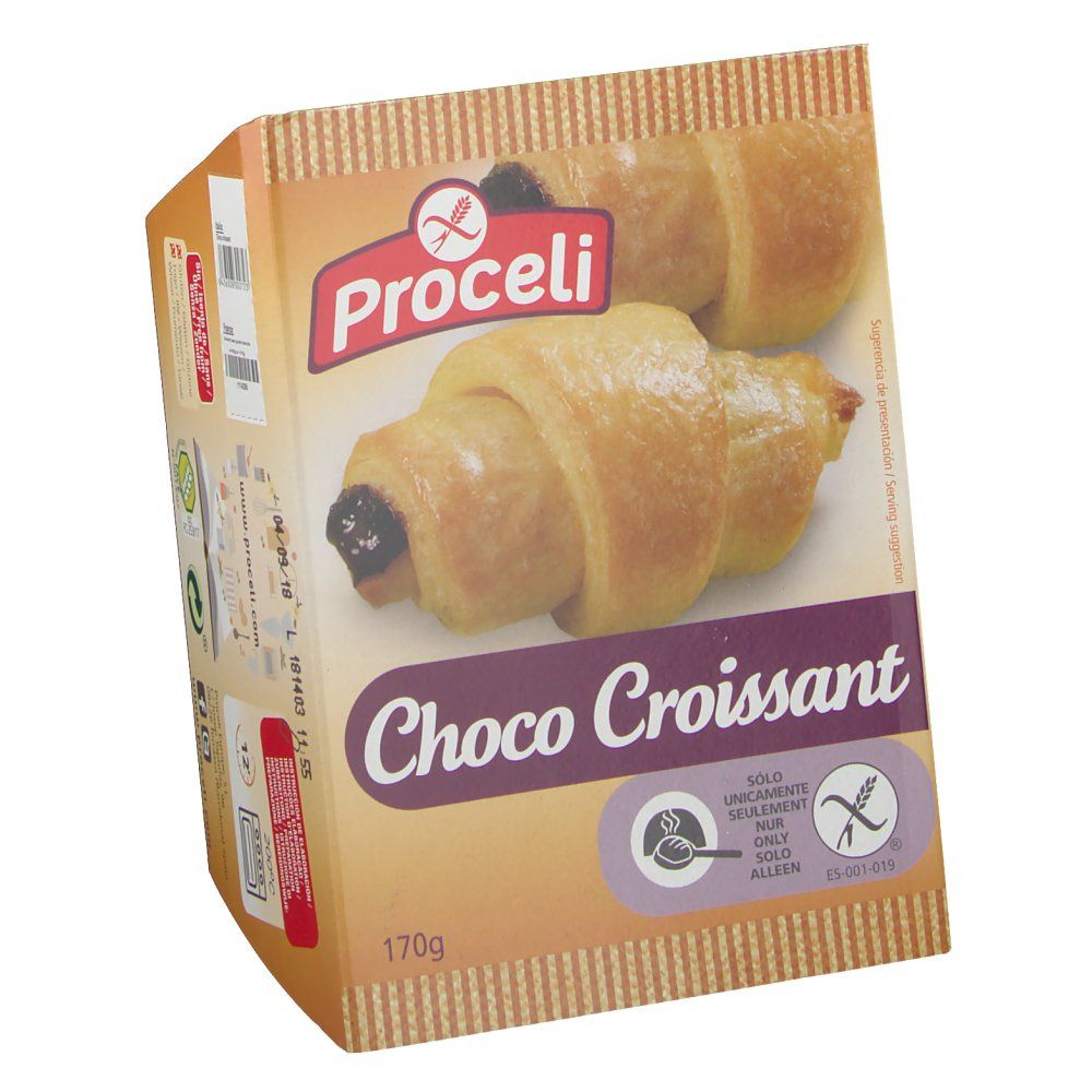 Verpackung mit Proceli Choco Croissant. Glutenfreies Gebäck. 170g. Logo und Produktname deutlich sichtbar. Braune und beige Farbtöne.