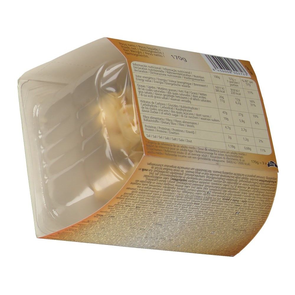 Transparente Kunststoffverpackung mit Nährwertangaben. Enthält Gebäck. Braune und beige Verpackung. 170g Gewicht.