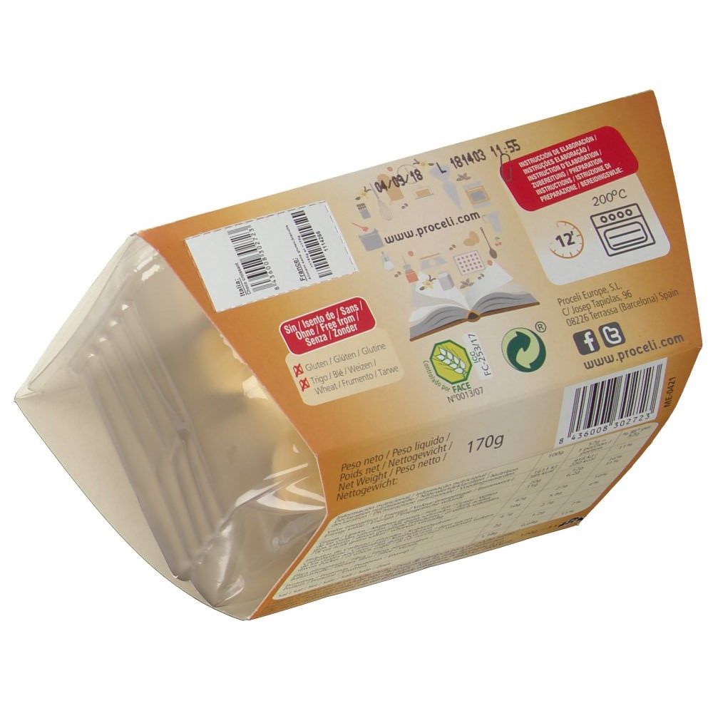 Rückseite der Verpackung mit Informationen. Glutenfrei-Symbol. 170g Gewicht. Text und Logos. Braune und beige Verpackung.