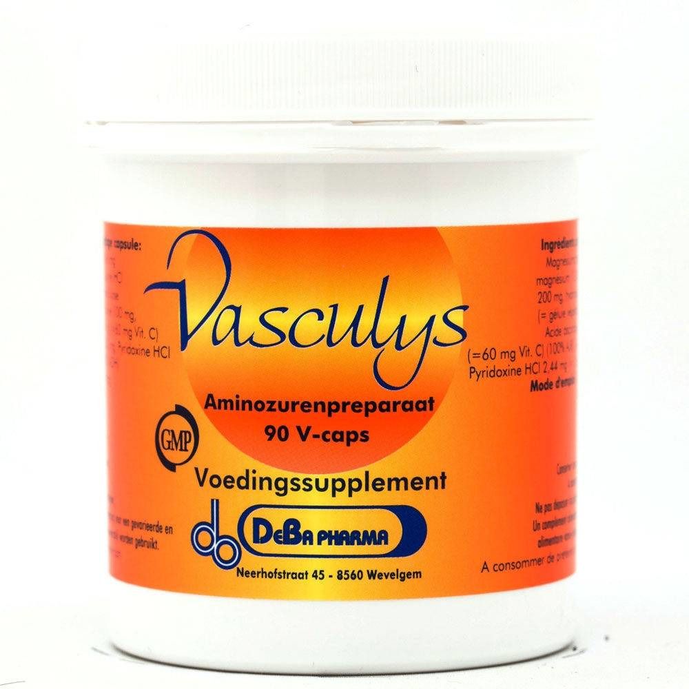 Weißer Behälter mit orangefarbenem Etikett. Aufschrift: Vasculys, Aminozurenpreparaat, 90 V-caps, Voedingssupplement. Logo DeBa Pharma. GMP-Zertifizierung.