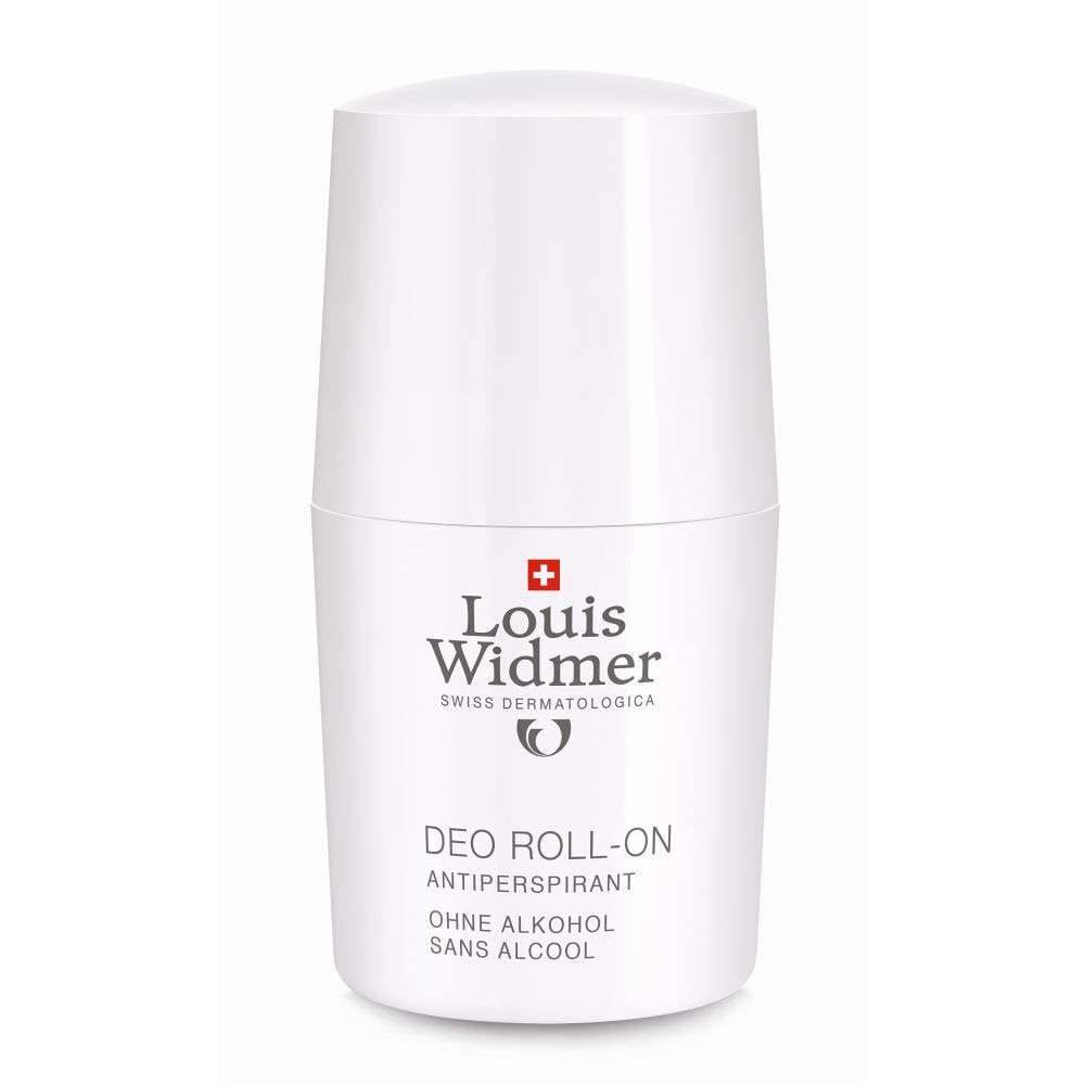 Weißer Deo Roll-on von Louis Widmer. Mit rotem Kreuz und Schriftzug. Ohne Alkohol.