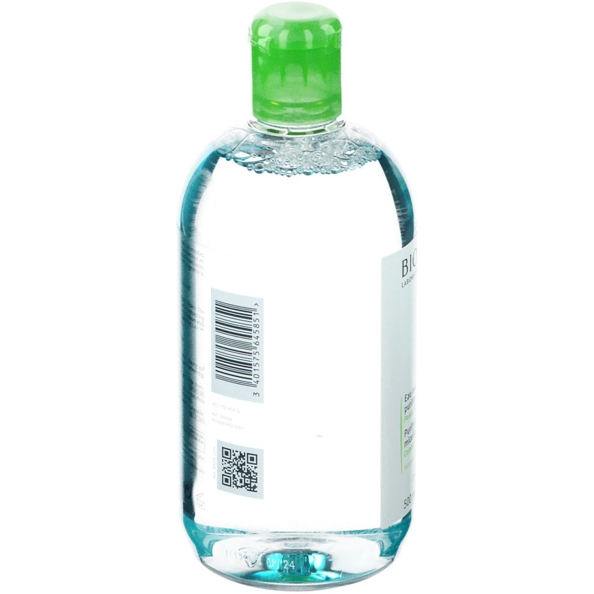 Transparente Flasche mit grünem Verschluss, gefüllt mit klarer Flüssigkeit. Etikett mit Text und QR-Code. Rückansicht.