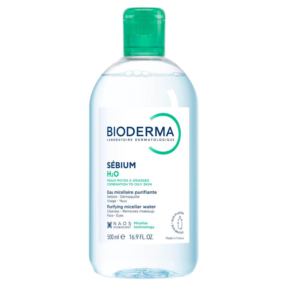 Flacon BIODERMA Sébium H2O. Bouchon vert. Eau nettoyante. Peaux mixtes/grasses. 500 ml.