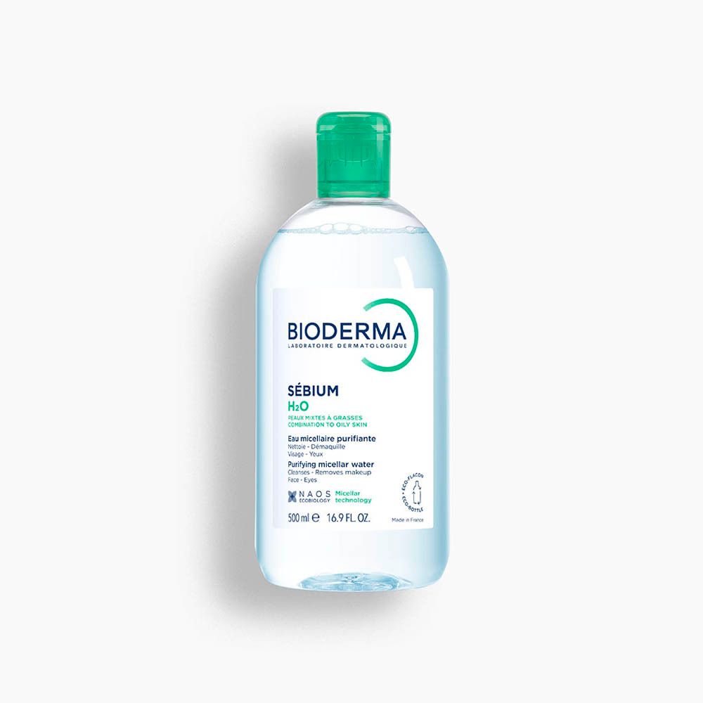 Flacon BIODERMA Sébium H2O. Bouchon vert. Eau nettoyante. Peaux mixtes/grasses. 500 ml.