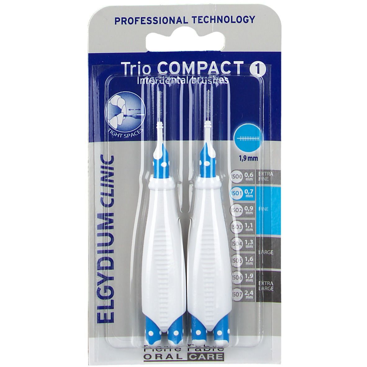 Zwei Elgydium Clinic Trio Compact Interdentalbürsten in Blisterverpackung. Blaue und weiße Griffe, Borsten. 1,9 mm.