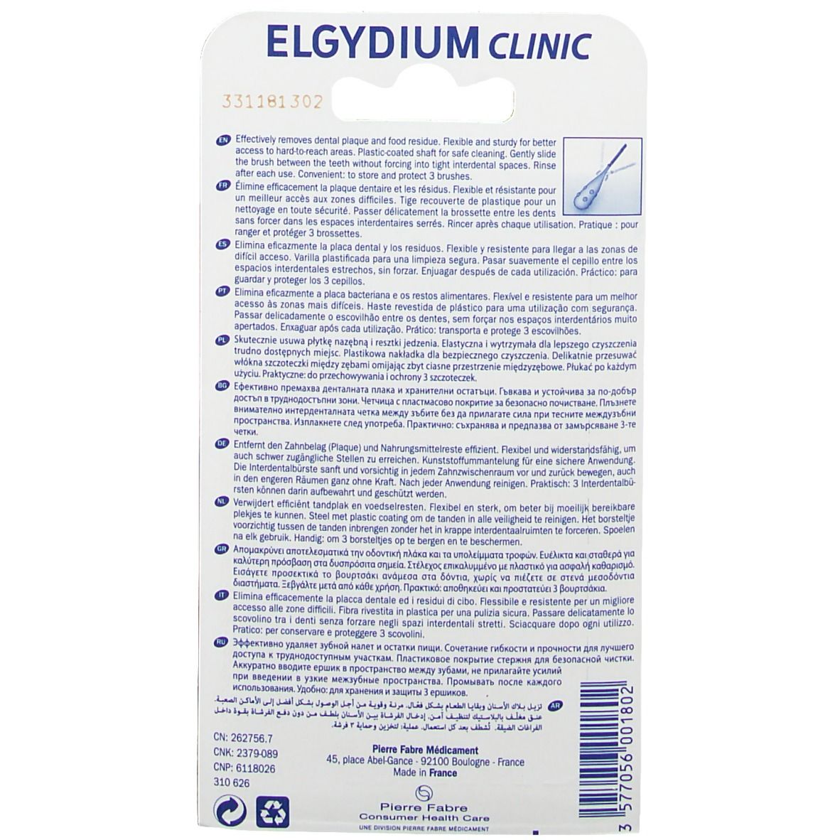 Rückseite der Blisterverpackung mit Produktinformationen. Text in mehreren Sprachen. Marke Elgydium Clinic, Pierre Fabre.