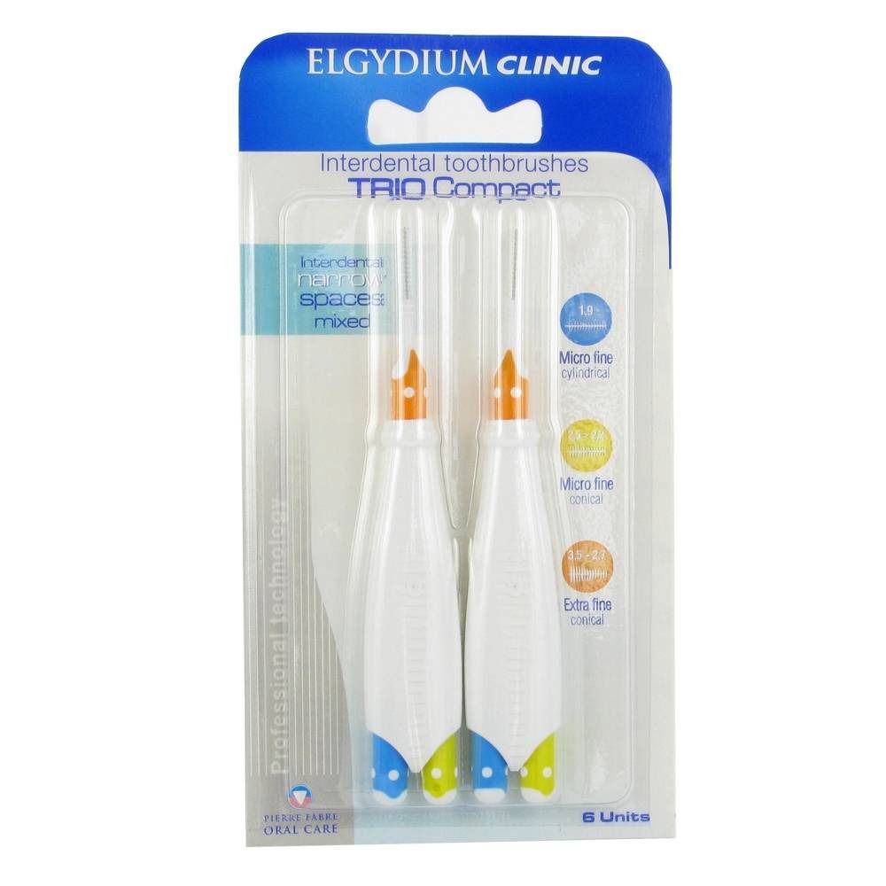 Zwei Interdentalbürsten in Blisterverpackung. Weiße Griffe, farbige Spitzen. Produktname und Marke sichtbar.