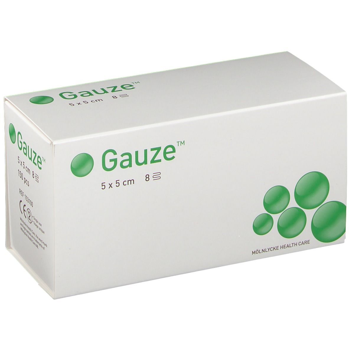 Weiße Verpackung mit grünem Logo "Gauze" und Produktangaben. Größe: 5x5 cm, 8 Stück. Hersteller: Molnlycke Health Care.
