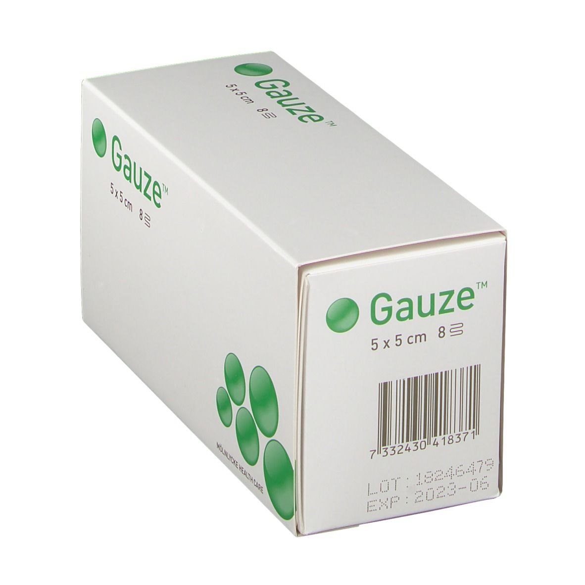 Weiße Verpackung mit grünem Logo "Gauze" und Barcode. Größe: 5x5 cm, 8 Stück. Hersteller: Molnlycke Health Care. Haltbarkeit bis 2023-06.
