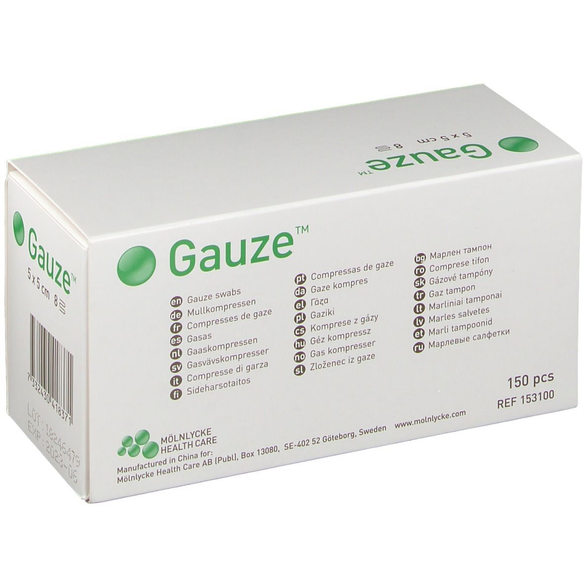 Weiße Verpackung mit grünem Logo "Gauze" und Produktbezeichnungen in mehreren Sprachen. 150 Stück. Hersteller: Molnlycke Health Care.
